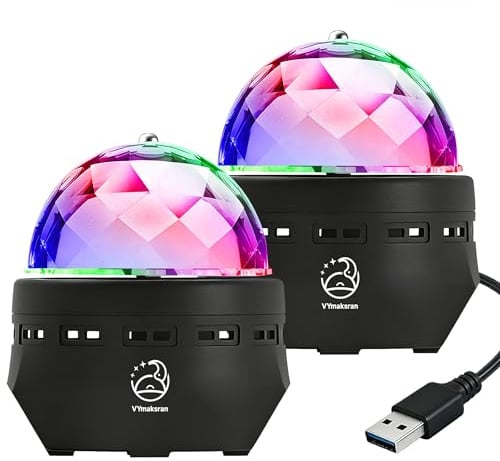 USB Disco Kugel Licht 2er Set, automatisch rotierendes RGB Bühnenlicht mit Kabel-Schalter, neigbare LED Party Lampe für DJ, Weihnachten, Hochzeit, Geburtstag, Zuhause & Club