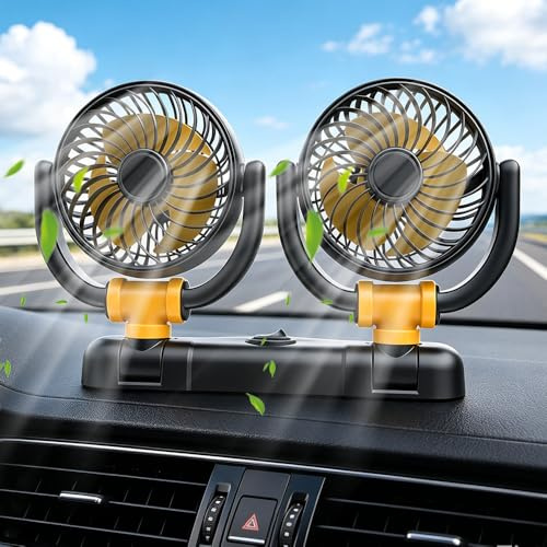 HIULLEN Car Fan, Car Cooling Fan, Dual Head Car Fan, 12V Car Seats Fan, 3 Speed, 180°Up Down 360 °Rotatable, Plugs into Cigarette Lighter for Truck SUV RV