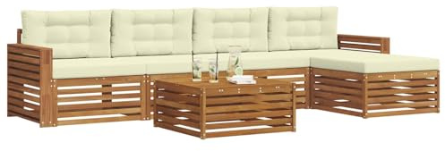 vidaXL Outdoor-Sofagarnitur mit Kissen 6 pcs Natur und Creme, Outdoor Sofa, modernes Gartenmöbel für Terrasse, gemütliches Sitzset, robust und stilvoll
