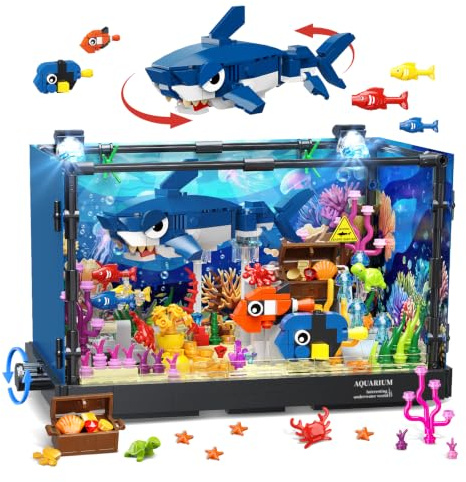 HOGOKIDS Technik Hai Aquarium Bauspielzeug mit Licht für Jungen ab 8 Jahren | Bewegliches Fish Tank Spielzeug mit Hai Figur, Schatztruhe & Meerestieren, Weihnachten Geburtstag Geschenk für Kinder Mädchen