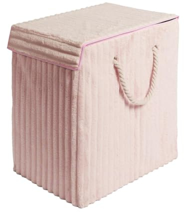 OHS Laundry Basket with Lid Ribbed Faux Fur Foldable Washing Basket, Pink