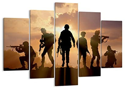 Bilder auf Leinwand 150x100cm Leinwandbild Armee Waffen Sonne Militär Groß XXL Wanddeko Bild Schlafzimmer Set 5 teilige Wandbilder Dekoration Wohnzimmer Canvas Wand Kunstdruck Art EA150x100-2962