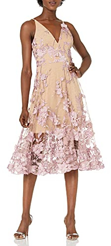 Dress the Population Audrey-Damenkleid mit Spaghettiträgern, A-Linie, 3D-Blumenmuster