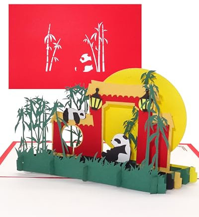 Grußkarte Panda - „Panda-Bären & Bambus“ - 3D Pop Up Karte mit Pandas als Geburtstagskarte, Einladung, Einladungskarte Berliner Zoo, China Souvenir, Geschenk & Geschenkgutschein