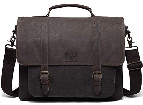 Kasgo Umhängetasche Herren, Wasserabweisend Gewachste Canvas aus Echtem Leder Aktentasche Passt 15,6 Zoll Laptop Vintage Laptop-Taschen Schultertasche mit Abnehmbarem Gurt Grau und Braun MEHRWEG