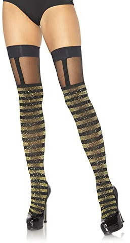 LEG AVENUE Damen Lurex Striped Strumpfhose, Black, Gold, Einheitsgröße EU