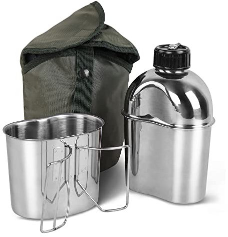 Goetland Gourde Militaire Americaine Inox 1,2l avec 0,6l Quart Tasse Pochette Nylon Armée Américaine Camping Quart Accessoires