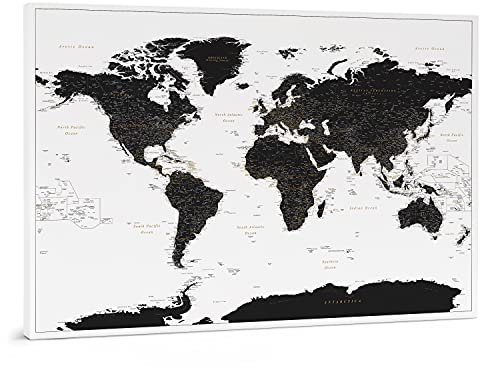 Leinwand Weltkarte Pinnwand Zum Pinnen - Zum Aufhängen bereites Wandbild, Gemacht für Pinnig - Schwarz und Weiß - 3 Größen zur Auswahl (100x70, 120x80, 150x100 cm)