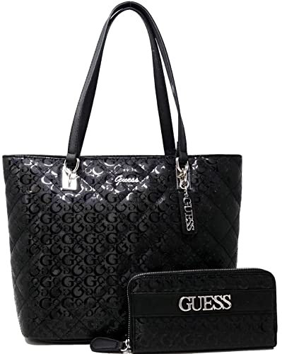 GUESS Damen-Handtasche und Geldbörse, geprägt, mittelgroß, Schwarz, Schwarz