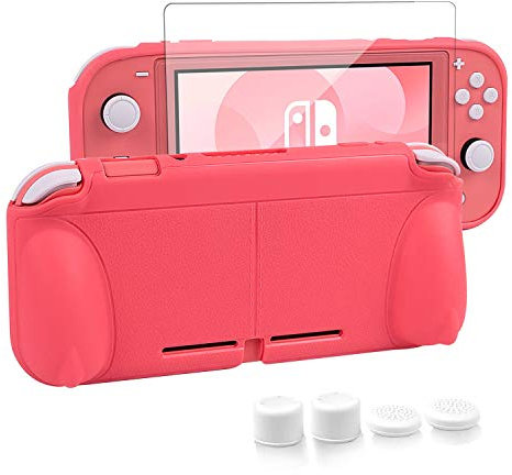 CHIN FAI Grip Case with Screen Protector for Nintendo Switch Lite 2019, Hard TPU Protective Case Cover for Switch Lite [Self Stand][4 Thumb Stick Caps] (Pink)