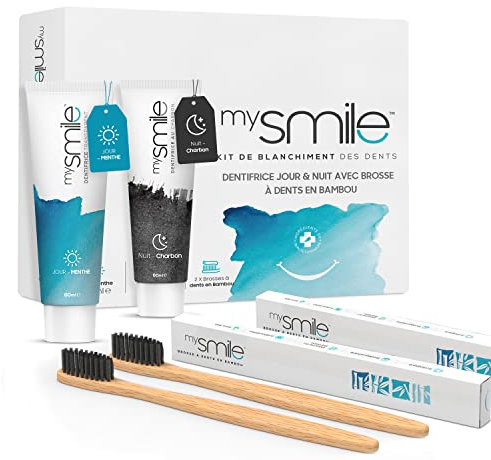 Aktivkohle Zahnpasta mit Zahnbürste - 2x60ml Zahnpasta ohne fluorid - Mit 2 Bambus Zahnbürste - Teeth Whitening - Für Tag & Nacht - Zahnaufhellung Set - Weiße Zähne - Von mysmile