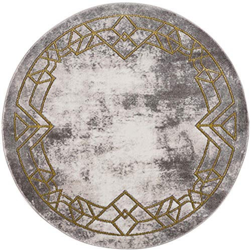 carpet city Teppich Wohnzimmer - Ornamente, Bordüre 120 cm Rund Grau Golden - Moderne Teppiche Kurzflor