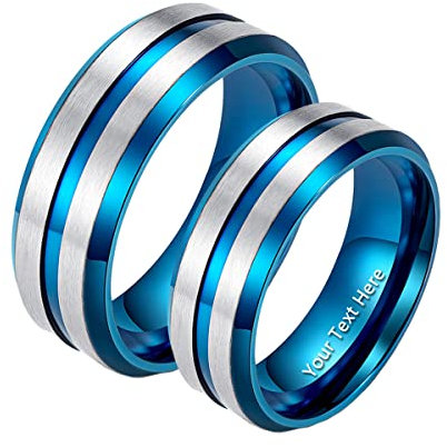Gualiy Ring Paar Hochzeit, Edelstahlringe Herren Damen Silver Blauer gebürsteter Ring 8mmPaarringe Personalisieren, Damen 65 (20.7) & Herren 65 (20.7)