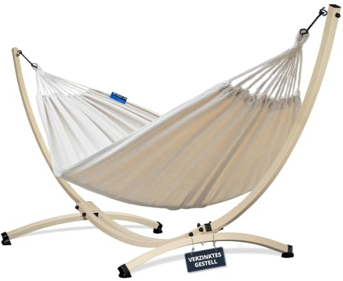 Potenza Outdoor Hängematte mit Verzinkter Gestell für 2 Personen I Baumwolle Doppelhängematte XXL 220x160, 200kg I Hängemattengestell 220kg, wetterfest (Ecru, Gestell Ecru)