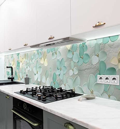 MyMaxxi Küchenrückwand Folie selbstklebend matt - einfache Montage ohne Bohren 0,4mm stark Versteift - Motiv blühender Baum weiß türkis 60cm hoch - Spritzschutz Küche Klebefolie ? Blüten 280 x 60cm