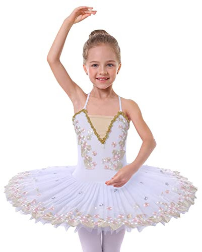 Kinder Mädchen Ballettkleid Ärmelloses Gymnastik Tanztrikot mit Tüllrock Einteilige Ballettanzug Ballerina Tanzkleidung Gymnastikanzug Mädchen Stickerei Tanzen Performance Kostüm Weiß02 C 7-8 Jahre