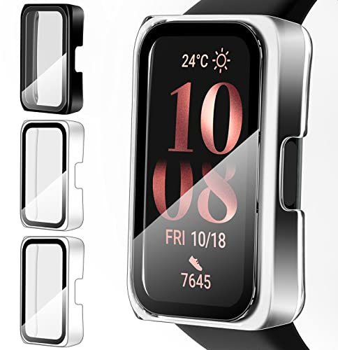 ivoler 3 Stück Hard PC Hülle mit Glas Displayschutz für Honor Band 7 / Band 6 / Huawei Band 7 / Band 6, Vollständige Abdeckung Schutzhülle Ultradünne Kratzfest Schutz Case, 2 Transparent + 1 Schwarz