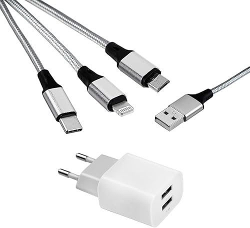 MUTTO Pack Cargador de Pared Universal de 5V2A/10W con 2 Puertos USB + 3 en 1 Multi Cable de Carga Universal USB a Micro USB/USB-C/Lightning Compatible con iPhone, Samsung, Huawei, Xiaomi