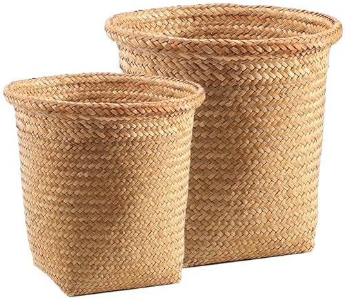 SEWACC 2Pcs Braided Straw Waste Paper Baskets 11.4 Inch Multifunctional Storage Bins for Bedroom Bathroom Office Lightweight Rattan Trash can