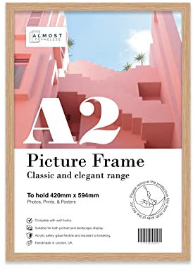 Almost Frameless A2 Oak Picture Frame Fits A2 (42 x 59.4cm - 16.5 x 23.4in) Poster, Photo, Artwork, or Print. Thin Edge Slim Frame Portrait and Landscape Display with Wall Hooks