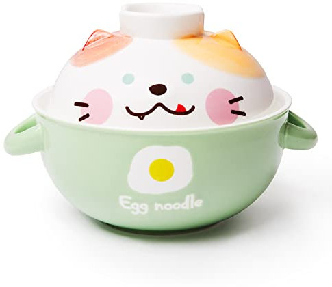 Thousanday Ceramic Ramen Bowl with Lid and Handle, Cute Cat Instant Ramen Noodle Bowl, BPA Free and Microwave&Dishwasher Safe for Office College Dorm Room Instant Cooking, 32OZ (Cat)