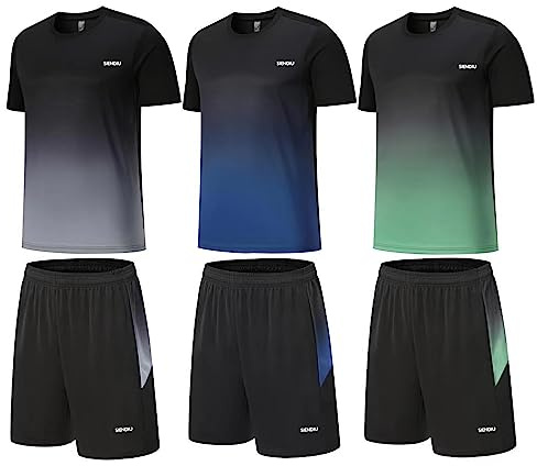 SIENDIU Herren-Trainings-Set, athletische Kleidung, Fußball-Shirts, Shorts, 3er-Pack, Basketball, Laufen, Fitnessstudio, Fußball, Outfits, Sommer, Grau-Blau-Grün, X-Large