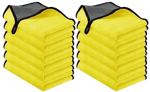 URAQT Microfibre Cleaning Cloths, 12 Pack Car Cleaning Cloths, Two-layer Thickened Microfibre Towels, Lint Free Super Absorbent Cleaning Towel for Car Washing, Drying, Detailing, Yellow, 40x30cm