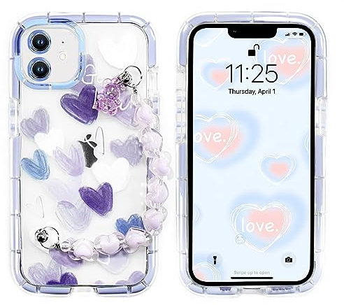 YEPO For iPhone 11 Case Cute Wrist Strap Women, Purple Heart Design Soft TPU Shockproof Protective Clear Phone Cases for iPhone 11 Girls Lady