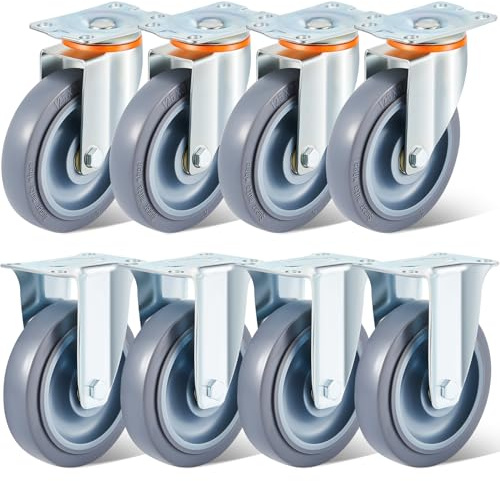 Sacubee 8 Pcs 5 Inch Caster Wheels, 4 Swivel 4 Rigid, Rubber, Silver
