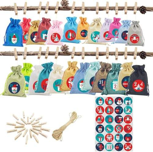 24 Adventskalender zum Befüllen Stoff Jutesäckchen Adventskalender Für Weihnachten Geschenktüten Mit 24 Adventszahlen Aufkleber 24 Holzklammern 10M Hanfseil DIY Stoffbeutel Weihnachtskalender Tüten