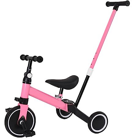 Homewell Dreirad mit Schubstange, Laufrad ab 18 Monate, Kinderdreirad Kombiniert Trolley und Ride Funktionen, mit Faltbar Pedal, Abnehmbar Kombi-Hinterräder, keine Bremsen (03, Rosa)