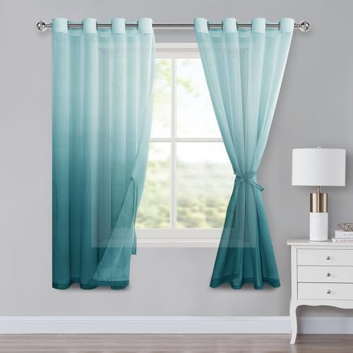 XWZO Voile Gardinen mit Ösen Vorhänge Farbverlauf Vorhang Sheer Ombre Gardinen 2 er Set für Schlafzimmer und Wohnzimmer Schlaufengardinen mit Raffhalter H160xB140cm Blau
