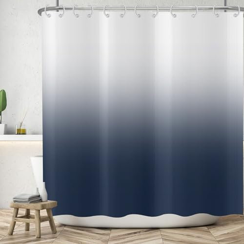 ASDCXZ Rideau de Douche Bleu Marine 180x180 cm, Simplicité Moderne Bleu Marine Blanc Dégradé Épissage Lavables Textile Rideau de Bain imperméable pour Baignoire avec 12 Crochets