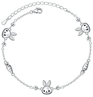 DAOCHONG Bracelet Lapin pour Femme en Argent Sterling 925, Breloque Animal Lapin Mignon, Bracelet réglable, Bijoux Animaux, Cadeaux d'anniversaire pour Adolescentes