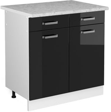 Vicco Unterschrank R-Line, Schwarz Hochglanz/Weiß, 80 cm mit Schubladen und Türen, mit Arbeitsplatte