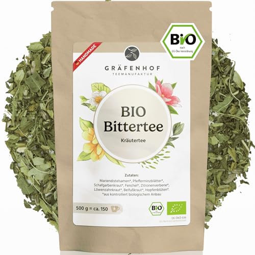 Bittertee Bio loser Kräutertee mit Bitterstoffe, 100g, natürliche Bitterkräuter Lebertee mit Mariendistel, Löwenzahn, Beifuß, Alternative Bittertropfen, Kapseln, Tabletten