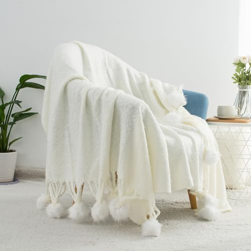 GINAMUSE Weiße Pompon-Überwurfdecke für Couch, 152,4 x 203,2 cm, weich, leicht, gestrickt, Bauernhaus, dekorative Decken für Bett und Sofa