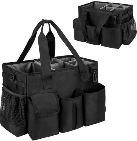 IVODEELA Cleaning Caddy with Handle,Cleaning Organiser,Multifunctional Cleaners Bag with Detachable Thick Dividers,Adjustable Shoulder Straps for Cleaning Supplies,Home,Car,Garden,Medium,Black