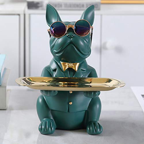 Kexpery Modern Key Snack Holder Resin Cool Dog Sculpture Decorative Bulldog Figurine Storage Tray Home Desktop Ornament (Green)
