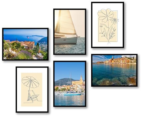 MJ-GRAPHICS® - Mood Poster Set Frankreich - Stadt Bilder Wohnzimmer Deko Schlafzimmer - City Wandposter 6xA4, Fine Art Kunstdruck - Fischerdorf, Yachten, Sonnenuntergang, Belle Epoque - ohne Rahmen