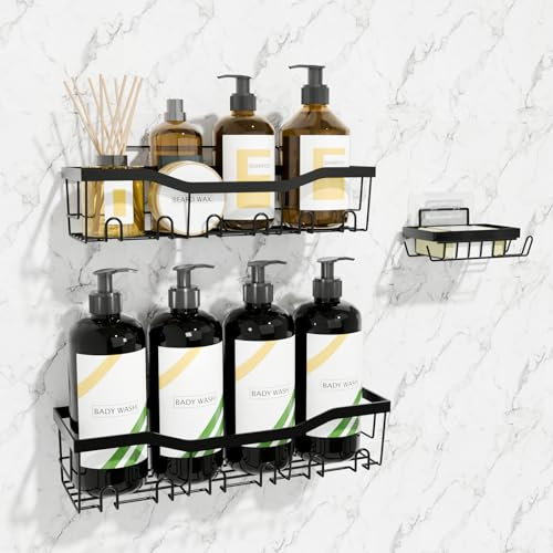 XXFLOWER Shower Caddy, Bathroom Storage No Drilling, Shower Storage with Soap Holder, Toothpaste Holders, Hooks, Bathroom Kitchen Accessories, Bathroom Shelf, 3 Pack, Black