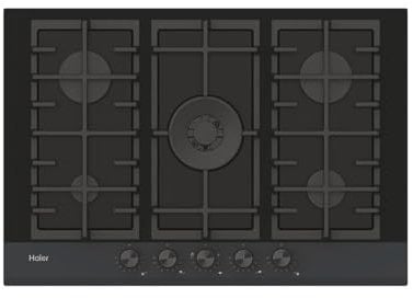 Haier HAVG75HBPB - Cocina de gas, 5 fuegos, 75 x 51 cm, vidrio templado, negro