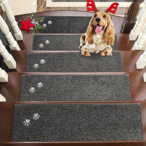 BEQHAUSE Stair Treads, 15 pcs Non Slip Stair Treads, 22x70 cm Stairs Carpet Tread Washable Machine for Kids Elders and Pets 100% Polyester, Dark Grey