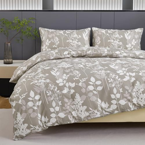 Jemiipee Bettwäsche 135x200 4 teilig Helles Khaki, Bettwäsche-Set mit Blumenmuster, Bettbezug 135 x 200 Kissenbezug 80x80, Deckenbezug Wendebettwäsche Weich mit Reißverschluss