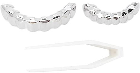 BORDSTRACT Halloween-Hip-Hop-Zähne aus Legierung, silberne Vampirzähne, Grills oben und unten im Gesicht, Mundzähne für Ihre Schmuck-Partygeschenke (sliver)