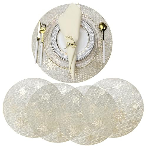 Platzset Weihnachten Gold, 4 Stück Tischset Weihnachten Rund, Schneeflockenmuster Platzsets Abwaschbar Weihnachten PVC Hitzebeständig Tischsets Golden für Tischdekoration