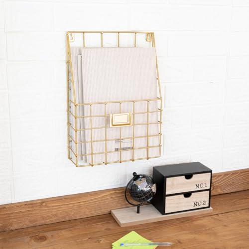 Declea Porte-documents mural en fer, couleur or, organisateur pour documents de bureau mural pour magazines pour bureau, porte-revues, H355 x L 26 x P8 cm