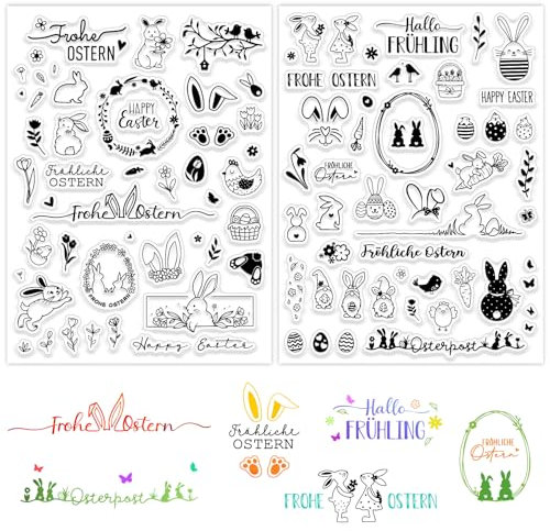 BOOMTOP Silikon Stempel Ostern Deutsch Transparente Frohe Ostern Sprüche Osterhasen Ostereier Frühling Stempelmotive für Kartenbasteln DIY Geschenk Scrapbooking