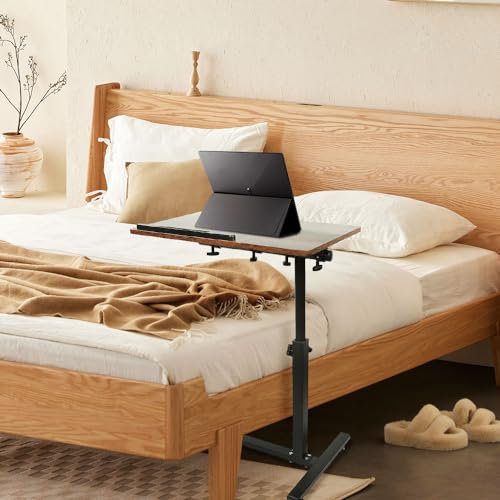 VIIROUD Table de Lit pour Ordinateur Portable Hauteur Réglable Bout de canapé avec 4 roulettes Verrouillables Support PC pour Salon Bureau Chambre Bureau, Métal, 60 * 34,5 * 58-90cm (Marron)