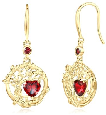 FANCIME Baum des Lebens Ohrringe Sterlingsilber 925 Hängend Gelbgold plattiert Granat Anhängerohrringe Januar Geburtstein Baumelnde Ohrringe Geburtstag Schmuck Geschenke für Damen Frauen